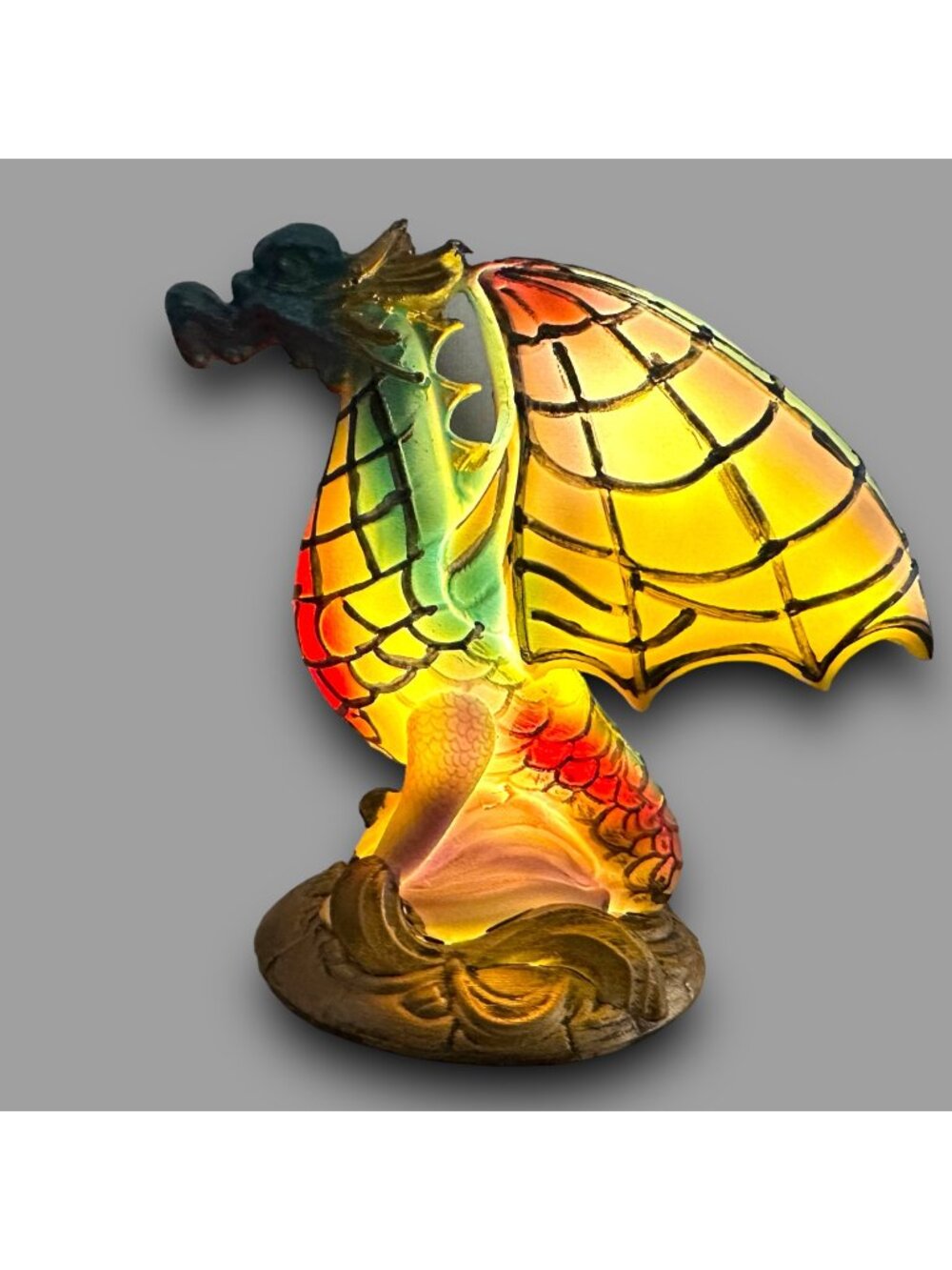 Hand-Painted Multicolor Dragon Lamp Figurine - 10" Tall With Illuminated Wings A